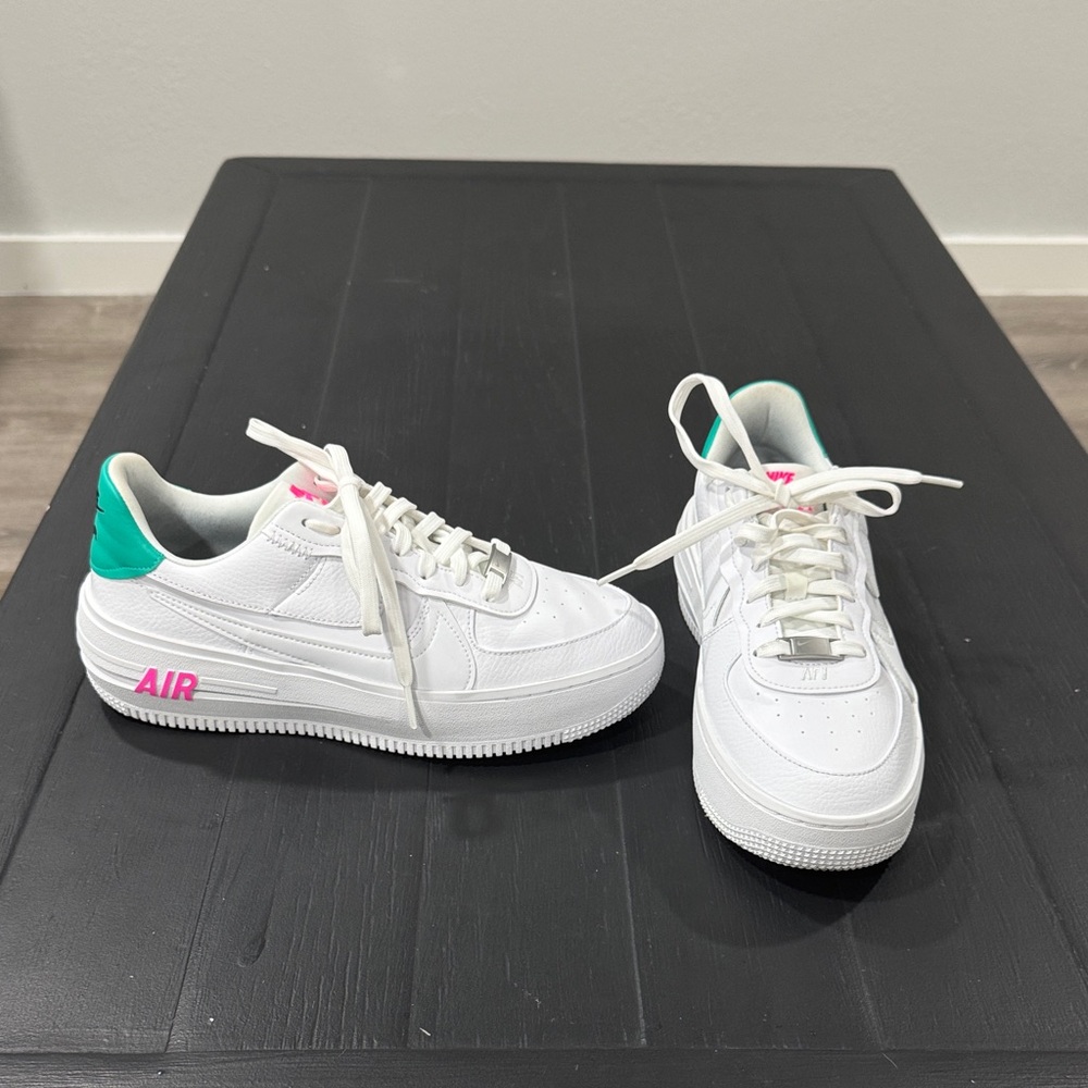 Women’s  Nike Air Force One Platforms White and Green and Pink  Sneakers Size 9